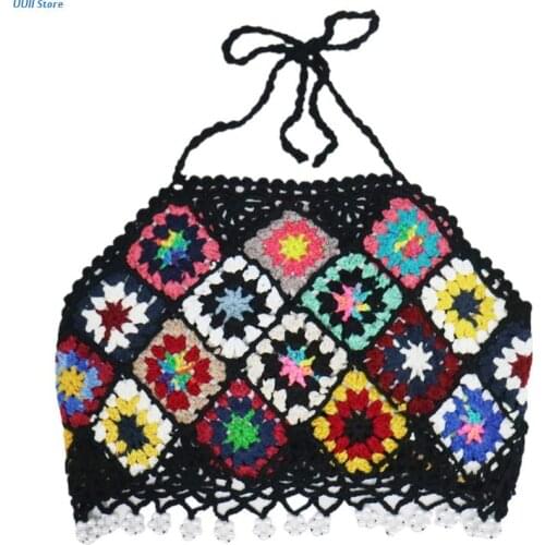 Womens Bohemian Crochet Halter Backless Crop Top Rainbow Rhombus Pattern Bikini Camisole Faux Pearl Beaded Tassel Hem Mini Vest