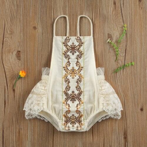 Infant Newborn Kid Baby Girls Lace Print Sequin Sleeveless Sling Bodysuit One-piece Suit for Birthday Party Photography Clothes