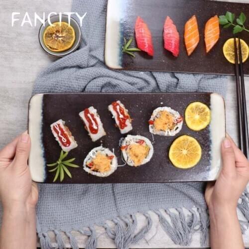 FANCITY Japanese creative reaction glaze ceramic personality tableware restaurant household sushi plate pastry plate cooking por