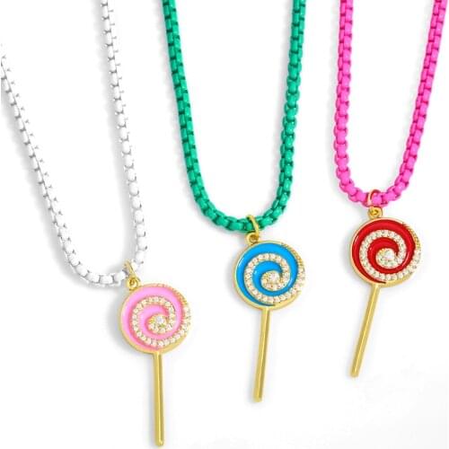 FLOLA Copper Chain CZ Lollipop Necklace Crystal Colorful Necklace For Women Cute Girls Jewelry Gift nkev99
