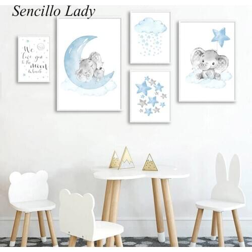 Blue Elephant Moon Nursery Quotes Art Painting Child Poser Animal Canvas Print Wall Picture Baby Boy Kid Bedroom Decoration