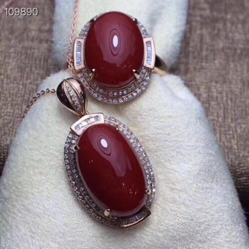 KJJEAXCMY boutique jewels 925 Silver-inlaid Natural Red Coral Ring Pendant Set Support Detection