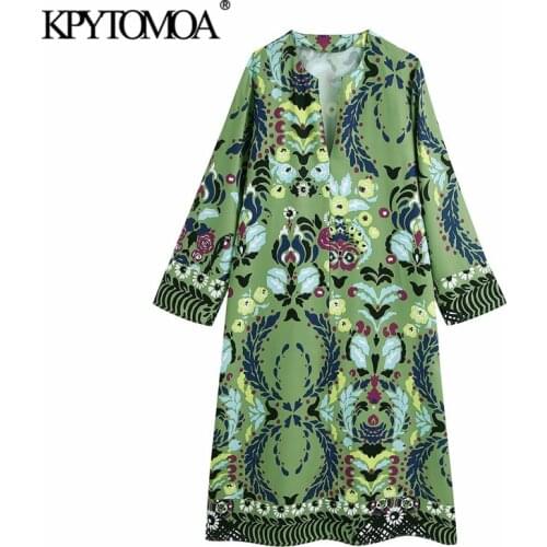 KPYTOMOA Women 2021 Chic Fashion Patchwork Printed Midi Dress Vintage V Neck Long Sleeve Female Dresses Vestidos Mujer