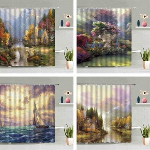 Forest Ocean Oil Painting Shower Curtain Flower Tree London Clock Bridge Art Bathroom Accessories Set Home Decor With Hook Cheap