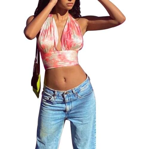 Women Sexy Backless Halter Vest Tank Tops Summer Tie Dye Deep V-Neck Streetwear Slim Camis Crop Top