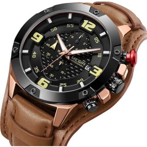 Megir Mens Chronograph Analog Quartz Watch with Date Waterproof Sport Watches Leather Strap Wristswatch Man Relogio Masculino