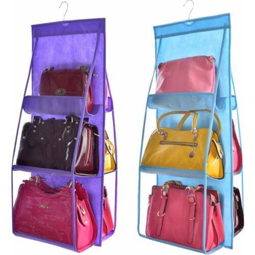 6 Transparent Pocket Double Side Hanging Closet Foldable Handbag Storage Bag For organize Backpack Purse Wallet Non-woven Fabric