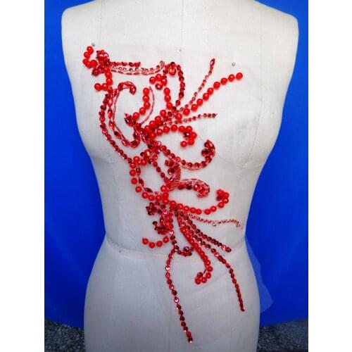 Zbroh New pure handmade rhinestones applique 42*25cm sew on red crystals patches trim for dress DIY accessories