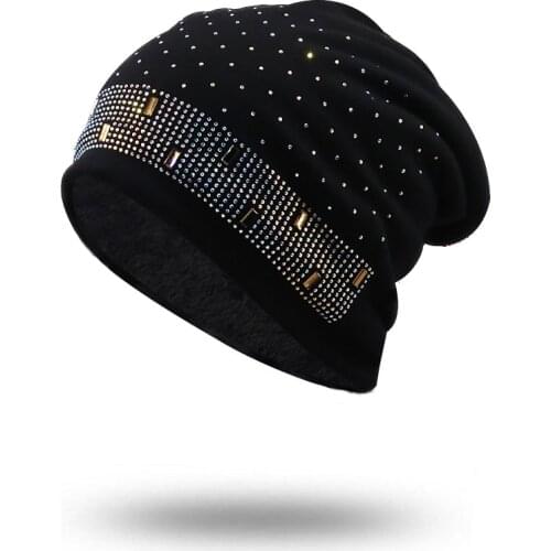 New winter Thick Warm Brimless Fur Bonnet Cap Womens Rhinestones Slouchy Beanie Wool Hat For Girl Female Skull Beanies Cap