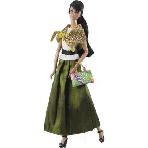 1:6 Doll Clothes Classic Emerald Skirt White Sleeveless Shirts Handbag For Barbie Clothes Outfit Set 11.5" Dolls Accessories Toy