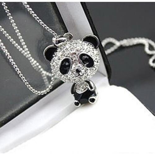 Classical Womens Rhinestone Moving Head Panda Pendant Sweater Chain Necklace For Women Charm Necklace Jewelry