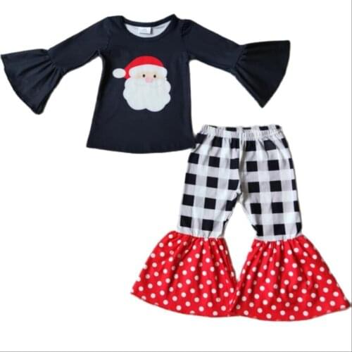 RTS Wholesale baby girls santa black tee top shirt bell bottom pants Christmas sibling design children boutique outfits clothing