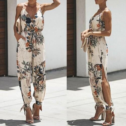 Sexy Women Leaf Print Deep V Spaghetti Strap Jumpsuit Backless Bandage Bodysuit