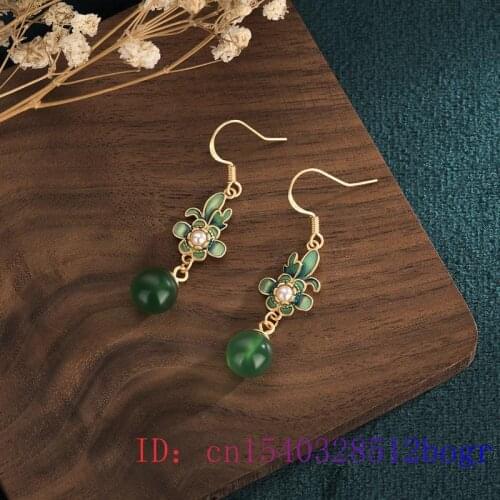 Green Jade Bead Earrings Crystal Fashion Gifts Chalcedony Women Natural Jewelry 925 Silver Gemstone Zircon Amulet