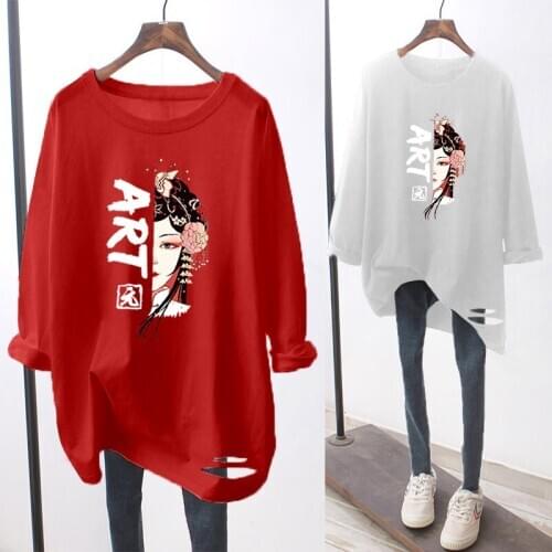 Autumn new womens top printed mask crew neck medium length long sleeve T-shirt I top seller