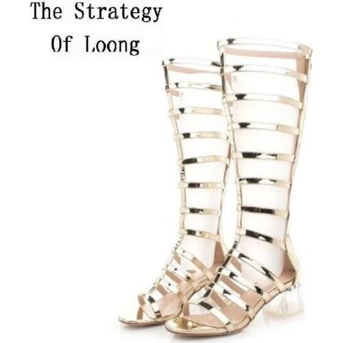 New Gladiator Summer Open Toe Bandage Thick Crystal Heels Knee High Women Patent Leather Boots Zip Cover Heel Sandals 20181216