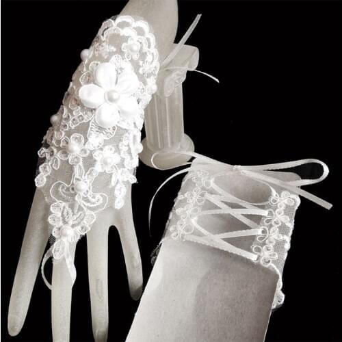 1 Pair Women Bridal Short Gloves Fingerless Embroidery Lace Floral Applique Faux Pearl Decor Mittens Cross Bandage Hook Finger