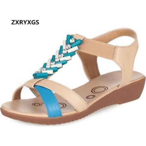 2020 New Bead genuine Leather shoes Women Sandals Spell Color Large Size Non-slip flat shoes Fashion sandals Shoes Woman Sandals