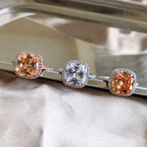 Created morganite Diamond ring 925 Sterling Silver Women Engagement Cushion Cut Halo Wedding Silver Wide Ring Jewelry Gifts