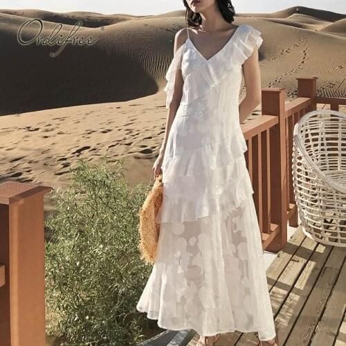 Ordifree 2021 Summer Women Long Chiffon Dress Off Shoulder Sexy White Ruffle Maxi Beach Dress