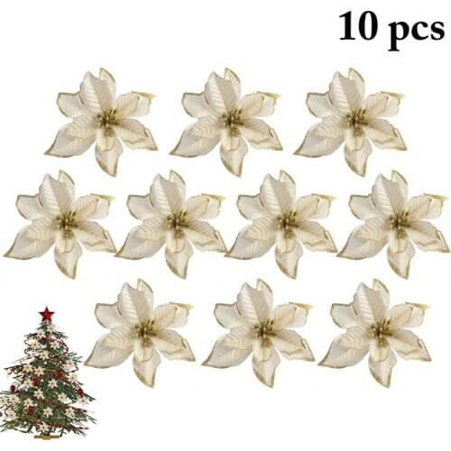 10Pcs/Set Christmas Flower Decor Glitter Artificial Flower Xmas Tree Ornament Photography Props DIY Party Decor Accessories