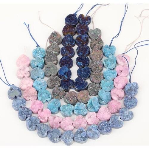 14PCS/Strand.14mm Drilled Rainbow Titanium Druzy Geode Heart-Shape Beads,Nugget Geode Stone Beads Pendant Necklace XFX-164AMFJ