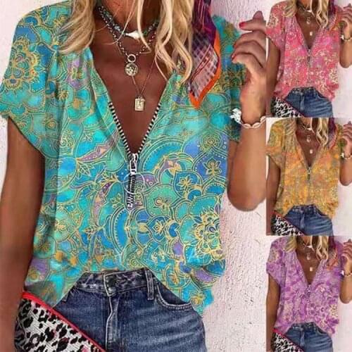 2021 Summer New Style Hot Sale Fashion Casual Loose V-neck Plus Size Female Printed Zipper Female Short-sleeved T-shirt