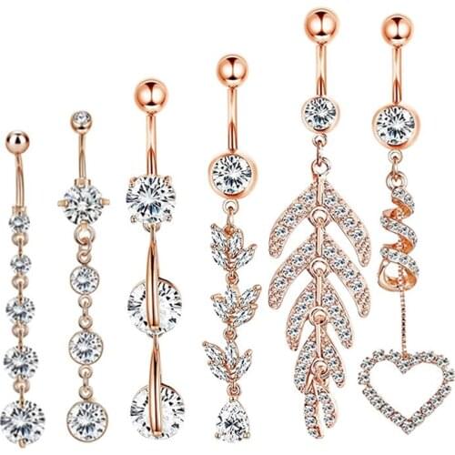 6 Pcs Crystal Navel Ring Set Fashion Leaf Heart Shape Long Drop Piercing Jewelry Stainless Steel CZ Zircon Belly Button Rings
