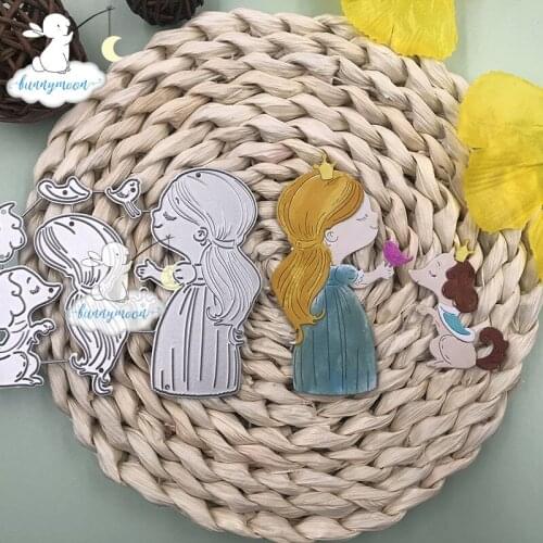 Bunnymoon Girl with Dogs Stencil Metal Cutting Dies For Scrapbooking Practice Hands-on DIY Album Card Craft Decoration