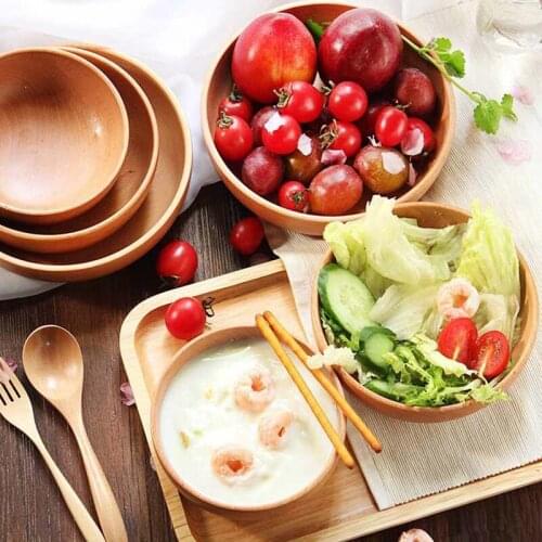 Wooden Salad Bowl Japanese Style Tableware Round Wood Salad Soup Dining Bowl Noodle Rice Bowl for Restaurant Hotel Tableware