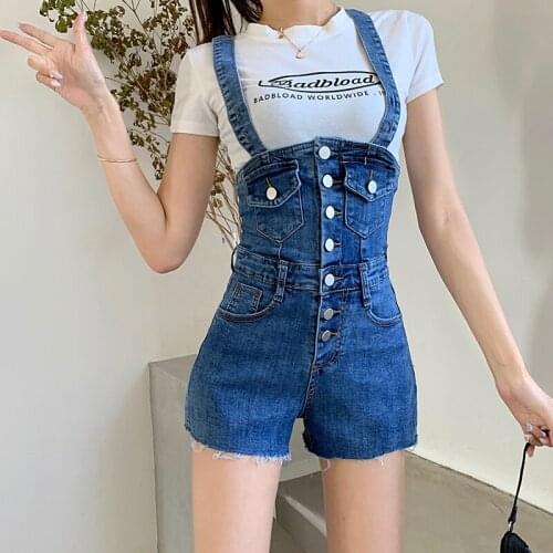 High Waist Buttons Jeans Overalls Women Summer Denim Shorts Students Slim Jumpsuits Pockets Black Solid Rompers Female 7709