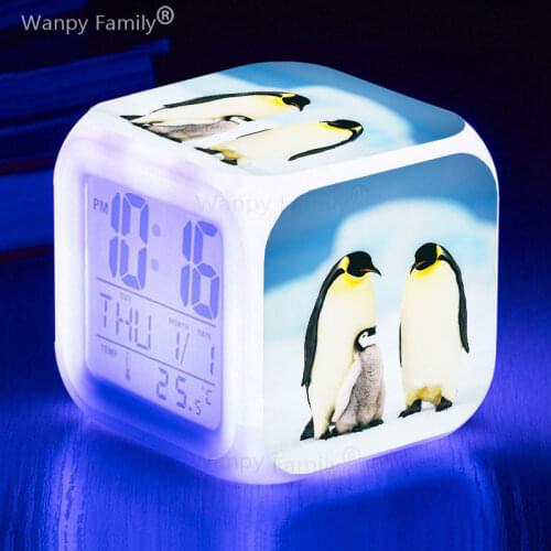 Cute penguin alarm clock 7 color changing LED digital clock multifunctional luminous electronic watch for kids birthday gift