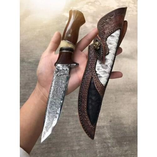 Hot sale Dropship Damascus 61 Hardness Straight Knife Fixed Blade Knife Survival Saber Self-defense Outdoor Hunting Knife