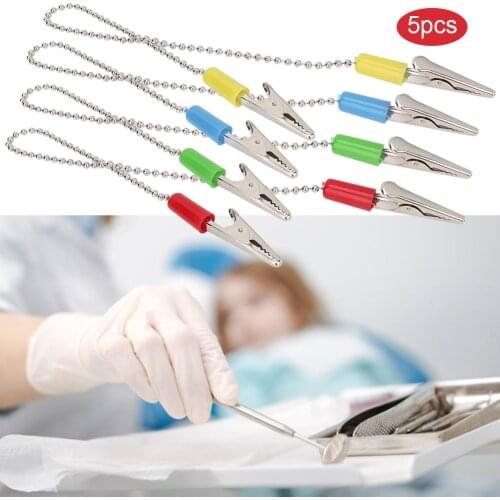 5 Pcs Reusable Dentist Supplie Oral Spring Clip Dental Lab Bib Clip Napkin Holder With Flexible Stainless Steel Ball Chain Tools