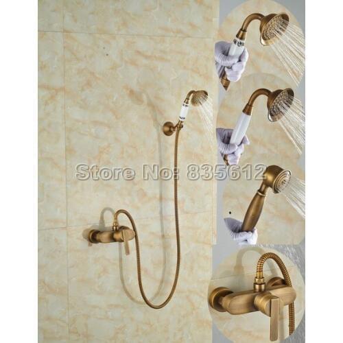 Antique Brass Finish Wall Mounted Bathroom Shower Faucet + Handheld Shower Spray Single Handle Mixer Taps W019