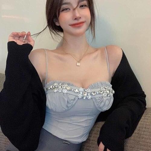 2021 Summer New Womens French Style Diamond Tube Top Diamond-studded Hot Girl Halter Sexy Sling Vest топ женский