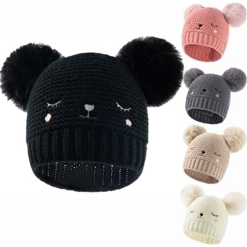 Autumn Winter Embroidery Double Pompoms Baby Toddler Hat 0-3 ages Boy Girl Beanie Caps Knitted Warm Kids Solid Color Bonnet Hat
