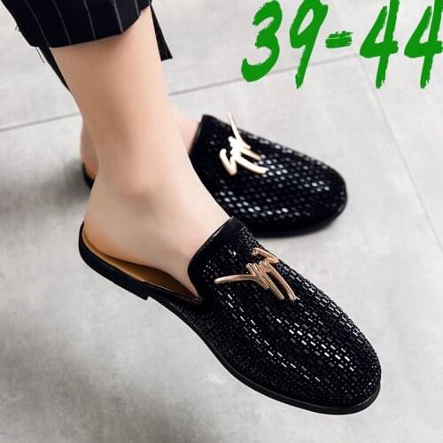 Luxury Diamond Men Slipper Mules Backless Loafers Men Leather Shoes Retro Flat Heel Party Slippers Slip On Shoes Chaussure Homme