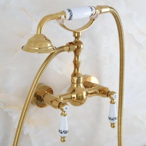 Luxury Polished Gold Color Brass Wall Mounted Bathtub Faucet with Handheld Shower Set +1500MM Hose Mixer Tap 2na836