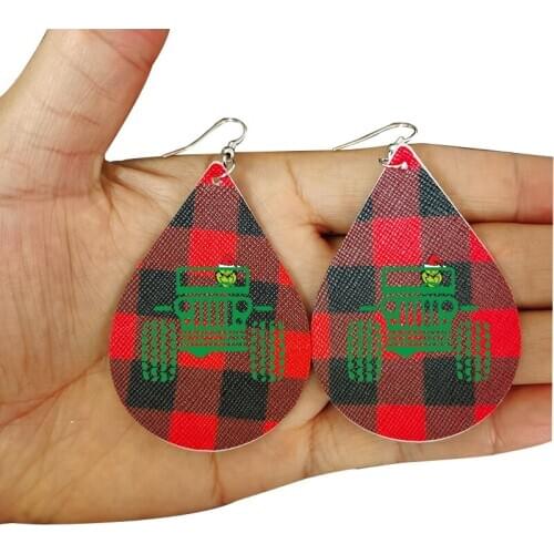2021 Santa Earrings Christmas Grinch Black Red Buffalo Plaid Pattern Leaf Faux Leather