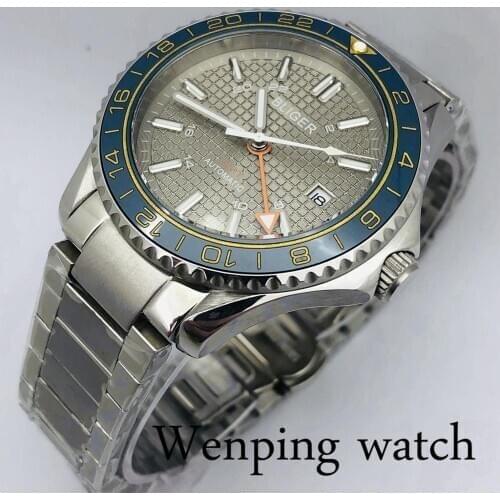 BLIGER 41mm Silver Case Sapphire Crystal Ceramic Bezel Gray Dial Date Luminous Waterproof GMT Automatic Watch