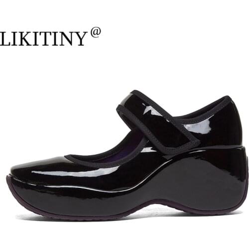 LIKITINY 2021 Fashion Spring Autumn High heels 6.5CM Women‘s shoes Leisure Black White Wedges Genuine leather buckle Pumps