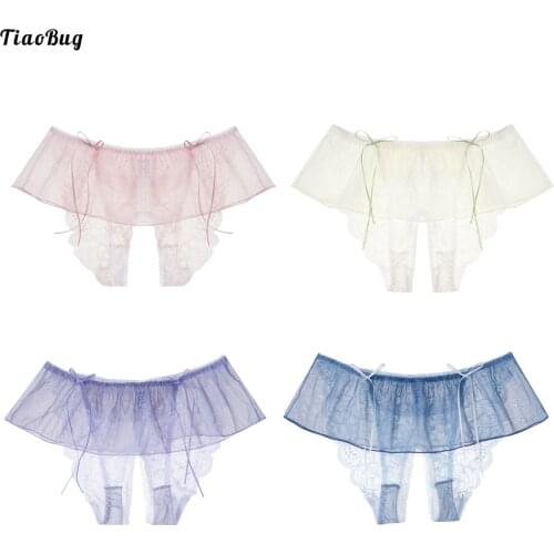 TiaoBug Women Low Rise Crotchless Lace Panties Bowknot Elastic Waistband Skirted Briefs Underpants Underwear