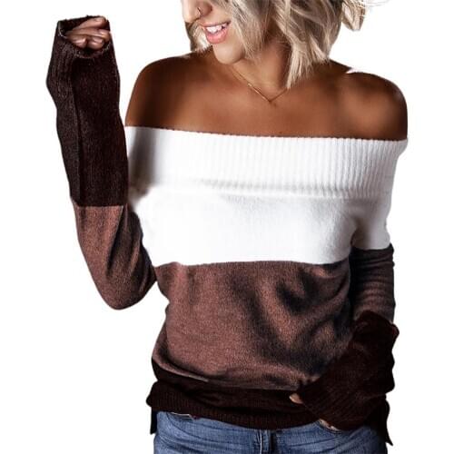 Women Sweaters Autumn Winter Off Shoulder Patchwork Long Sleeve Pullover Knitted Sweater Cotton Blends Womens Clothing