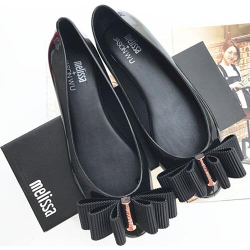 Melissa Women Jelly Shoes Shallow round head single PVC shoes flat bowknot womens shoes jelly beach flat heel Loafers SHW063