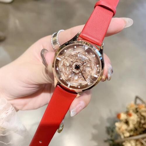 GOOD LUCK Rotating Watches for Women Sweet Hearts Flower Spinning Wrist watch Waterproof Real Leather Quartz Watch Transparent