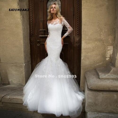 Modest Mermaid Boho Wedding Dresses Long Sleeve Lace Appliques Illusion Beach Bridal Gowns Sweep Train Vestido De Novia France