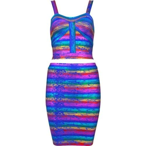 2016 new sexy bodycon two piece set purple blue foil straps women evening party bandage Dress