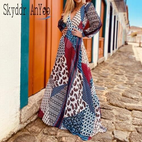 2020 Vintage Printed Boho Backless Maxi Dresses For Women Long Sleeve V-Neck Slim Robe Summer Autumn Femme Long Dress