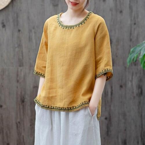 2021 Summer Women Half Sleeve Loose Tee Shirt Femme Tops Cotton Linen Vintage Embroidery T-shirt Plus Size Solid Color Retro